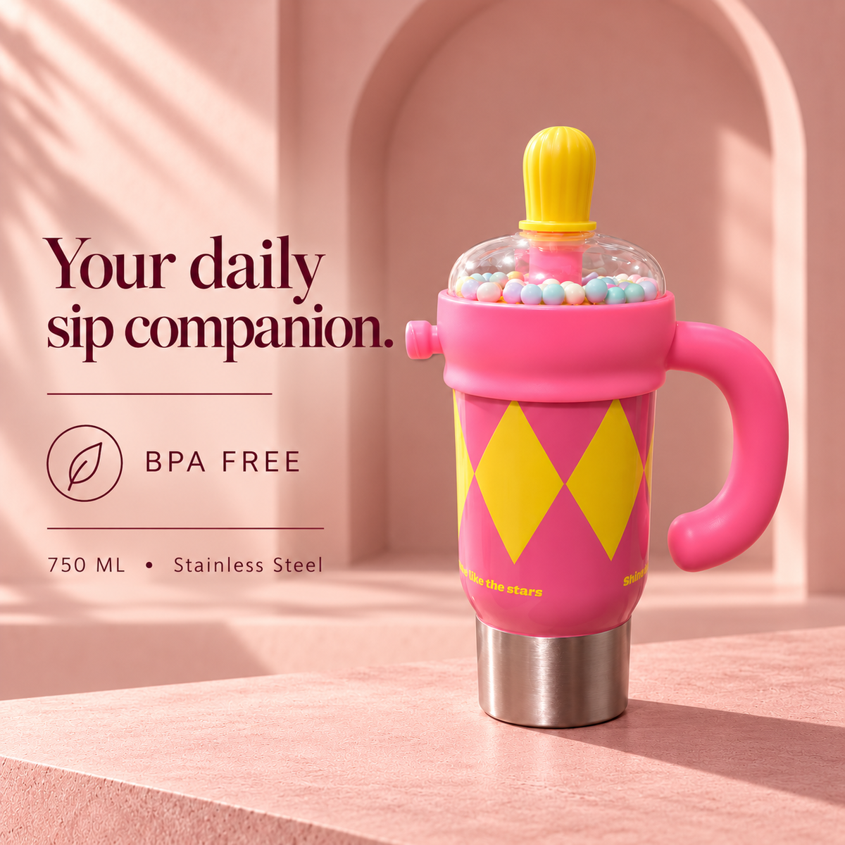 1000ml Decorative Insulated Mug with Handle & Straw