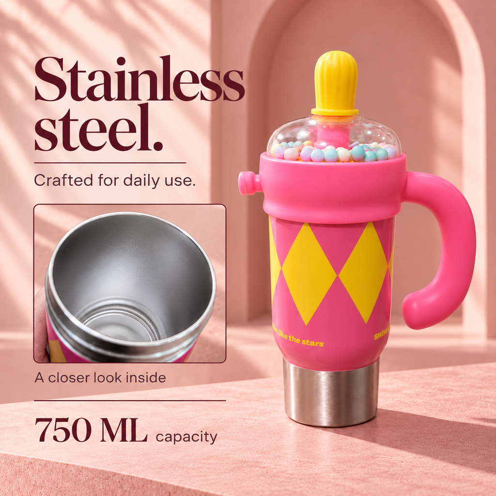 1000ml Decorative Insulated Mug with Handle & Straw