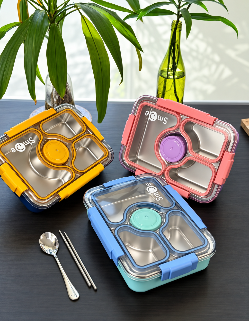 950ml Individually Sealed Stainless Steel Lunch Box, 3-Compartment + Bowl + Cutlery