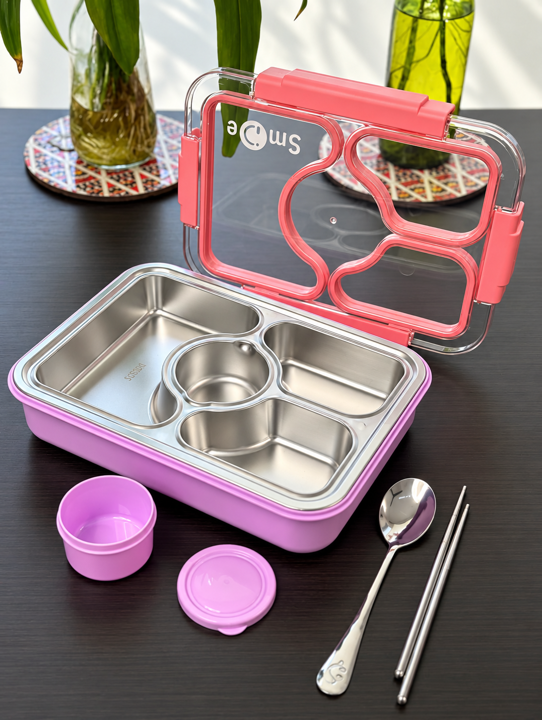 950ml Individually Sealed Stainless Steel Lunch Box, 3-Compartment + Bowl + Cutlery