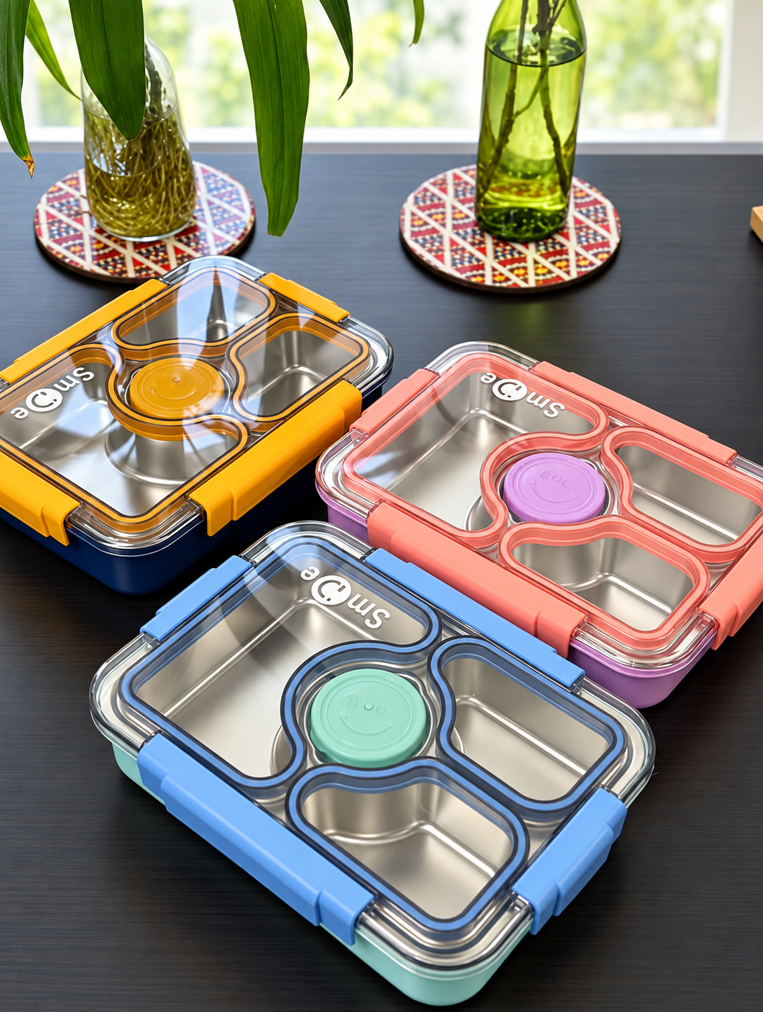 950ml Individually Sealed Stainless Steel Lunch Box, 3-Compartment + Bowl + Cutlery
