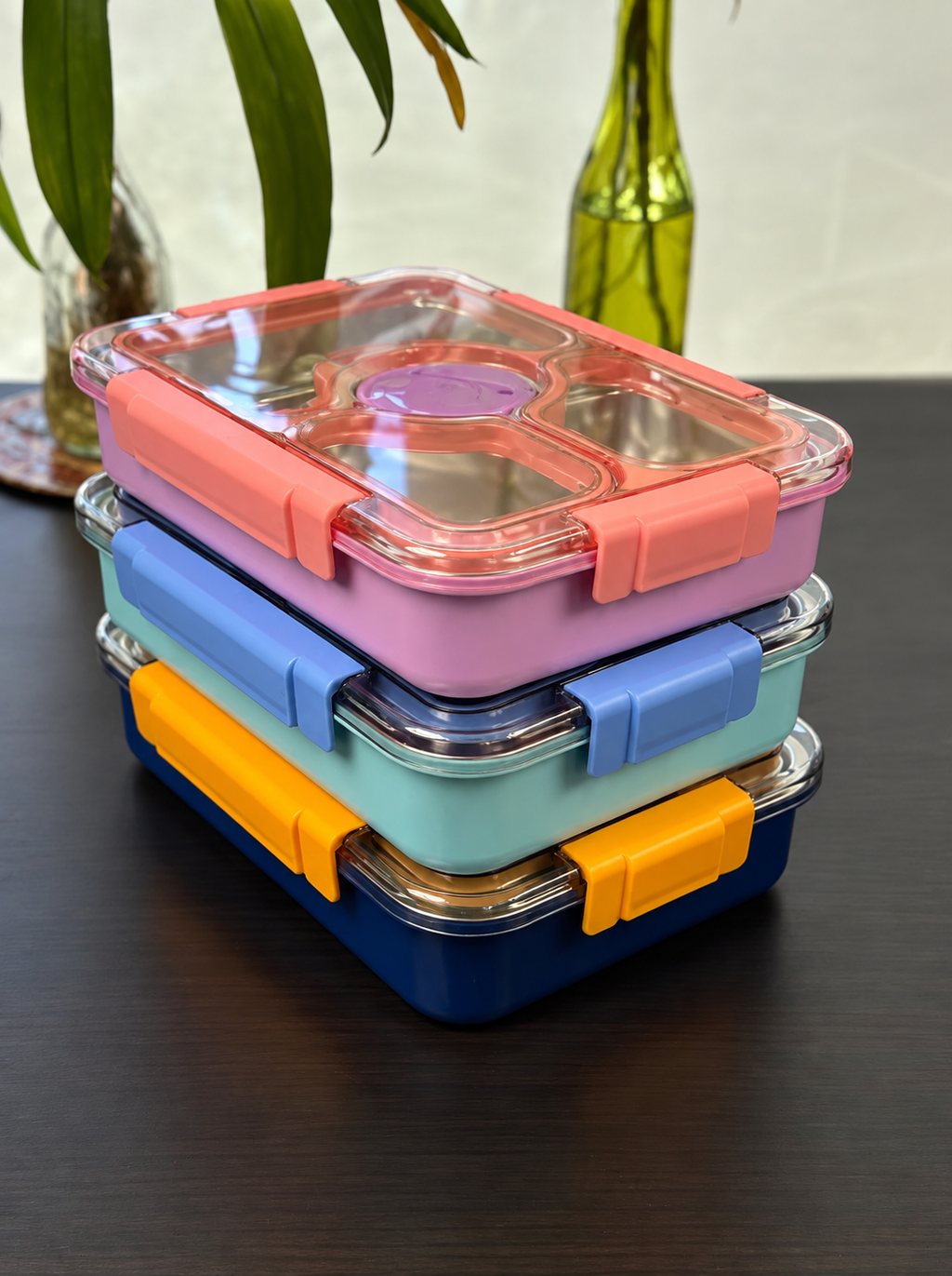 950ml Individually Sealed Stainless Steel Lunch Box, 3-Compartment + Bowl + Cutlery