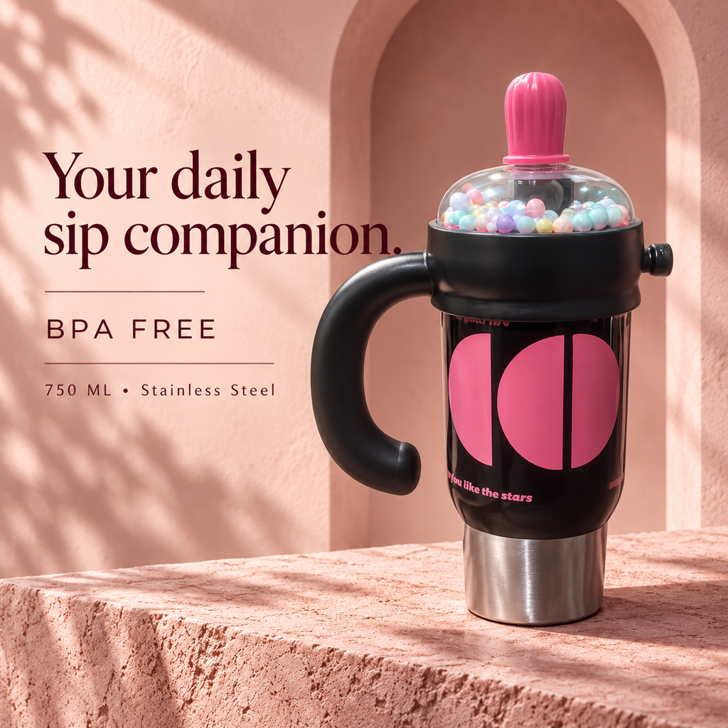 1000ml Decorative Insulated Mug with Handle & Straw