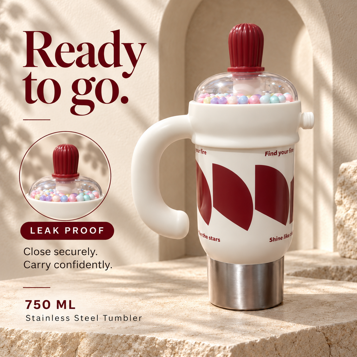 1000ml Decorative Insulated Mug with Handle & Straw