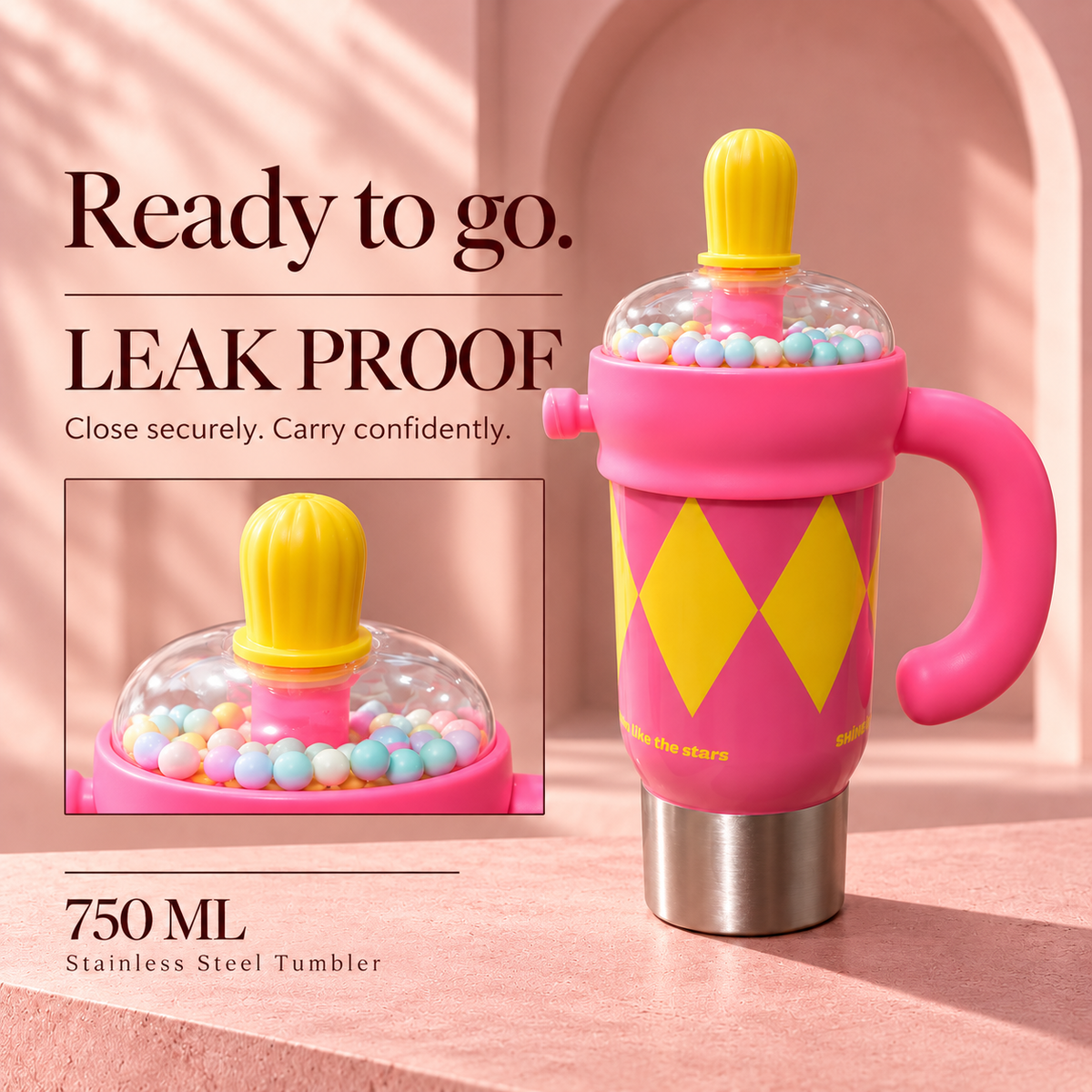 1000ml Decorative Insulated Mug with Handle & Straw