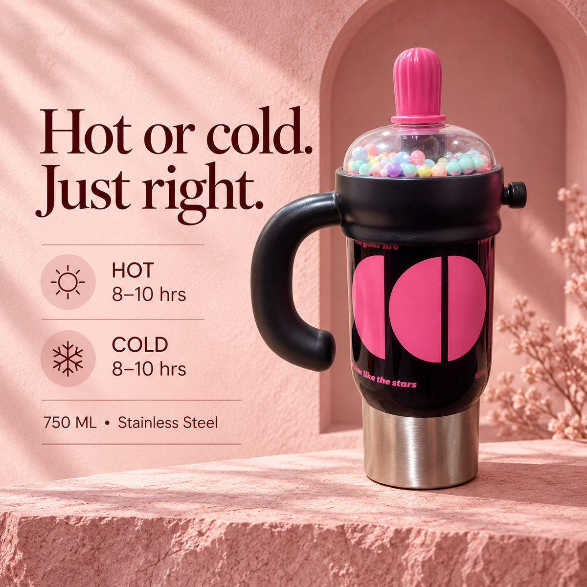 1000ml Decorative Insulated Mug with Handle & Straw