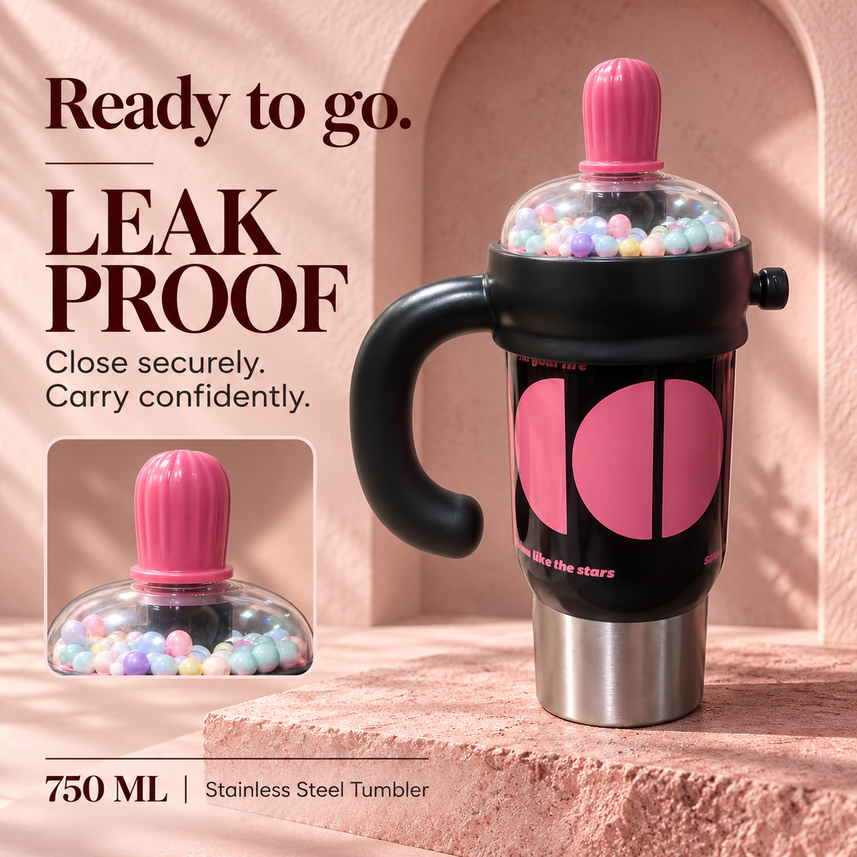 1000ml Decorative Insulated Mug with Handle & Straw