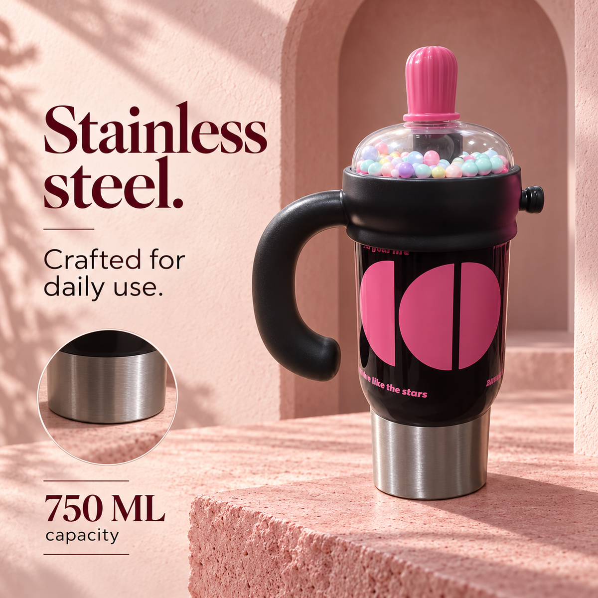 1000ml Decorative Insulated Mug with Handle & Straw