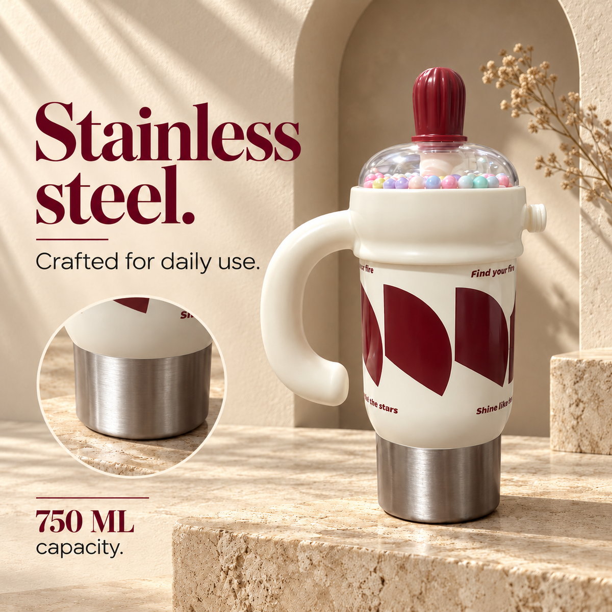1000ml Decorative Insulated Mug with Handle & Straw