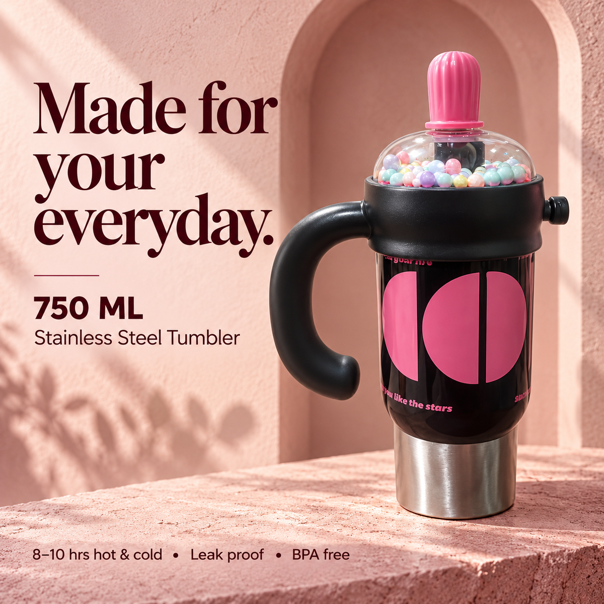 1000ml Decorative Insulated Mug with Handle & Straw