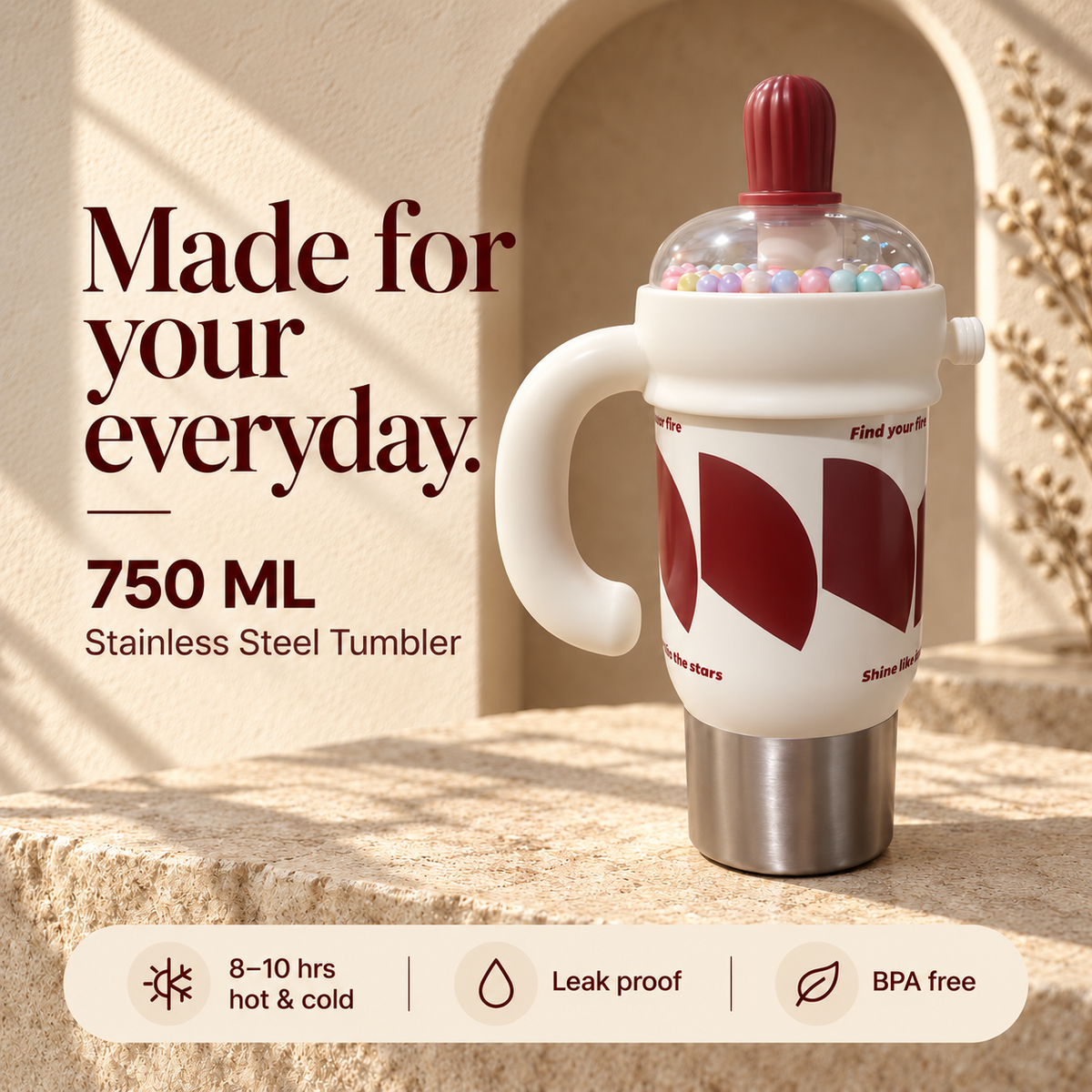 1000ml Decorative Insulated Mug with Handle & Straw