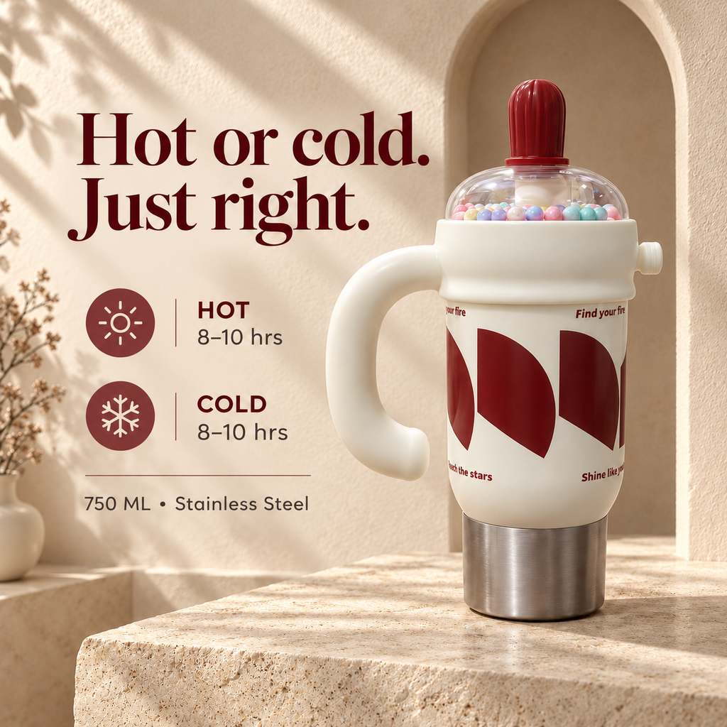 1000ml Decorative Insulated Mug with Handle & Straw