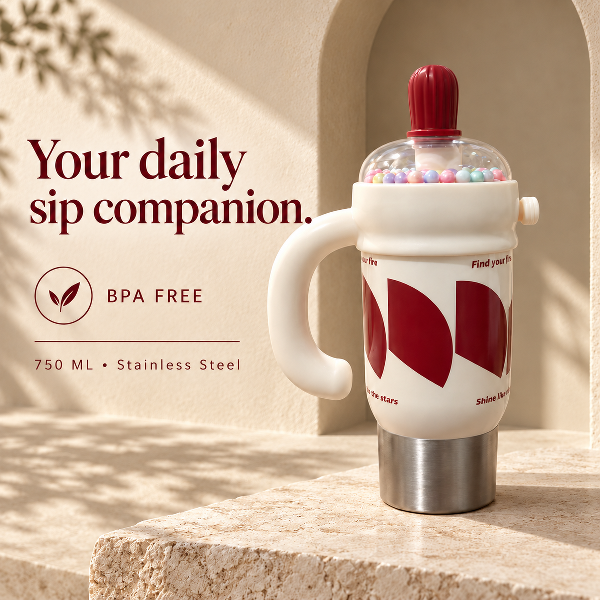 1000ml Decorative Insulated Mug with Handle & Straw