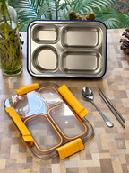 900ml Individually Sealed Stainless Steel Lunch Box, 4-Compartment + Bowl + Cutlery