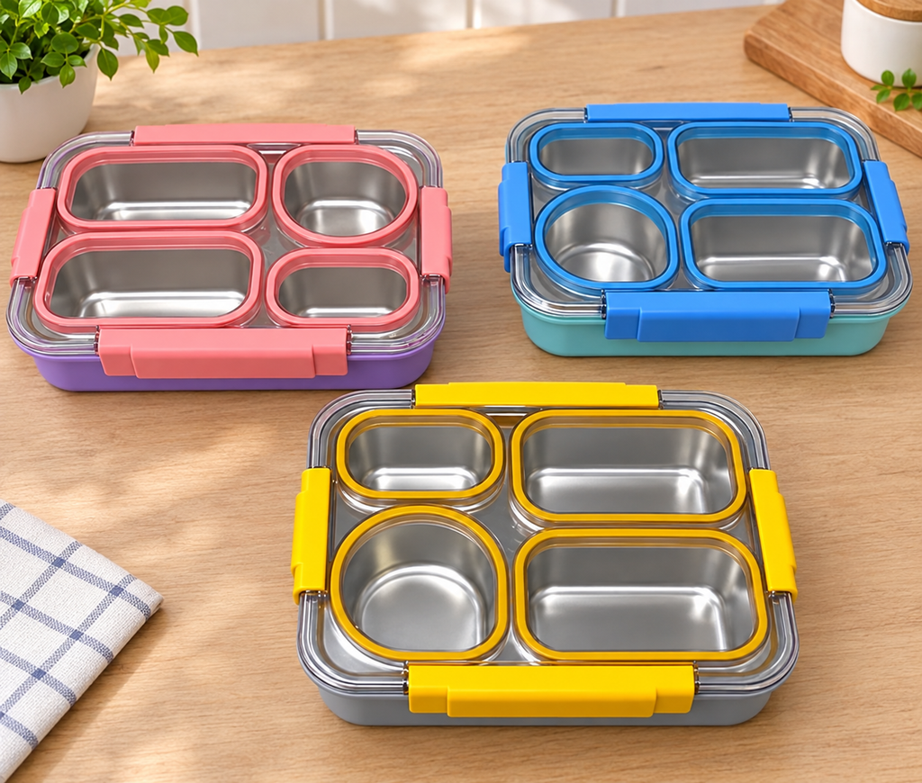 900ml Individually Sealed Stainless Steel Lunch Box, 4-Compartment + Bowl + Cutlery