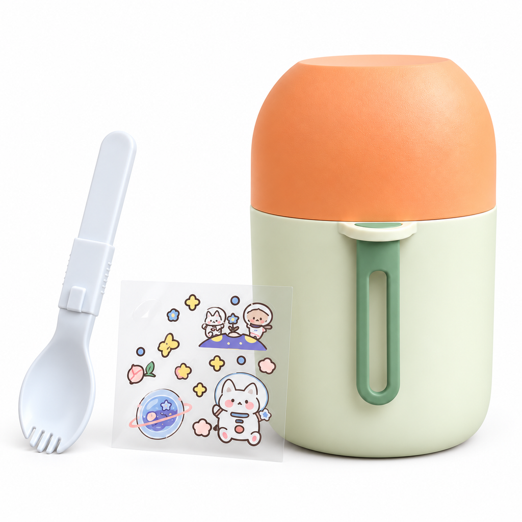 Food container with spoon and space stickers