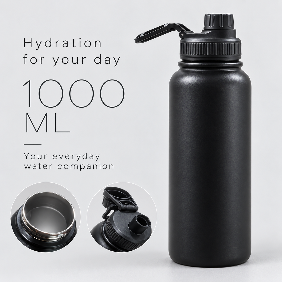 1000ml wide mouth insulated sports bottle, black